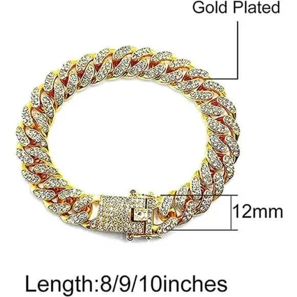 12mm Cuban Link Bracelet Iced Out Miami Gold Plated Hip Hop Rapper Bling Mens - Picture 3 of 6